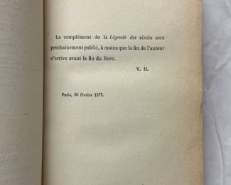 Inside pages of French language versions of Victor Hugo books: La Légende des Siècles Nouvelle Série, volumes I and II, leather hardcovers, 1879, printed in Paris