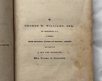 Inside dedication page of first edition copy of of The Rifle, Axe, and Saddlebags: And Other Essays by William Henry Milburn, hardcover, 1857