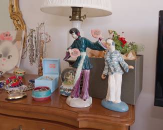 A Goldscheider Everlast hallmarked Chinese fan dancer figurine by Barbara Loveday, a 1940s-1950's Hedwig "Hedi" Schoop tall Asian woman figurine (missing a bucket held in right hand); costume jewelry
