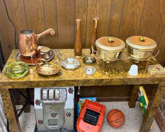 Fab Mid Century Serving Pieces and a Burl Wood Parson's Console Table