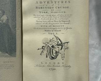 Inside pages of a rare limited edition three-volume set of Robinson Crusoe by Robert Louis Stevenson, hardcovers, 1925