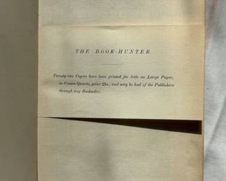 Inside page of first edition of The Book-Hunter by John Hill Burton, 1862, hardcover