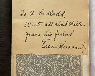 Inside page of signed copy of Little Journeys to the Homes of Good Men and Great, Book Two, by Elbert Hubbard, hardcover, 1910; hand-written dedication and signature of Elbert Hubbard