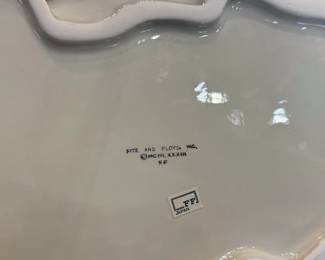 Underside of vintage Fitz & Floyd "Vegetable Garden" pattern tureen and lid with ladle and underplate