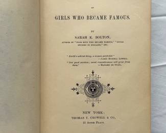 Inside pages of Girls Who Became Famous by Sarah K. Bolton, hardcover, published 1886; copyright Thomas Y. Crowell & Co., New York; printed by J. S. Cushing & Co., Boston