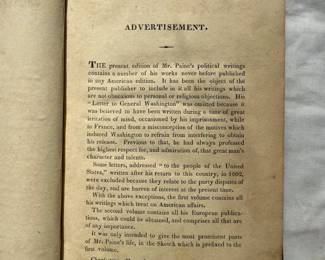 Inside page of The Political Writings of Thomas Paine, 2-volume set, hardcover, leather, 1824, printed/published in Massachusetts