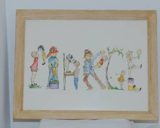Signed framed watercolor painting of children, signed Joyce Ann '68 (three of four)