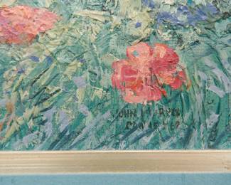 Closeup of signature on 1960's Impressionist oil on canvas painting, framed, landscape scene of poppies in field with water in distance. Appears to be signed "John Morris Cannes 69"