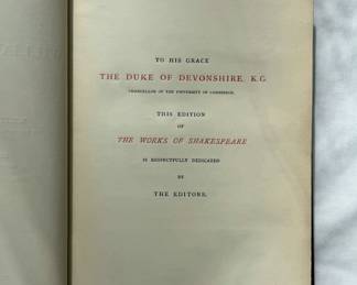 Dedication page inside Antique set of The Works of Shakespeare, hardcover, 9 volumes, published 1863 by Macmillan and Co., special edition dedicated to the Duke of Devonshire