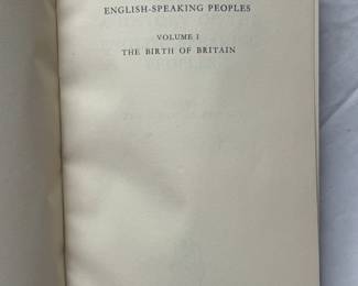 Inside pages of History of the English Speaking Peoples by Winston Churchill, bound in fine leather, four volumes, 1956–1958