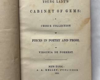 Inside page of The Young Lady's Cabinet of Gems: A Choice Collection Pieces in Poetry and Prose, by Virginia De Forrest, hardcover, 1859