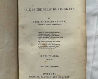 Inside page of Dred: A Tale of the Great Dismal Swamp, by Harriet Beecher Stowe, 1856, two-volume set, hardcover