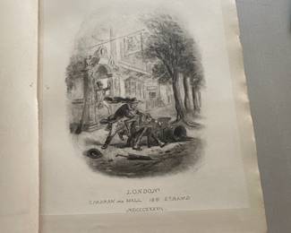 Another view of an antique illustrated 4-volume set of Pickwick Papers by Charles Dickens, published in 1887 by Chapman and Hall, London; inside pages attest "This edition is limited to 2,000 copies, in 500 of which the plates are printed on India paper."
