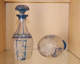 Pair of vintage Bohemian blue cut-to-clear crystal decanters