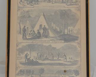 Framed print of 1861 Harper's Weekly page of illustrations of Civil War soldiers, the "Ellsworth's Zouaves"