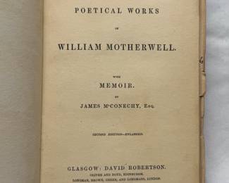 Inside page of The Poetical Works of William Motherwell, hardcover, 1855