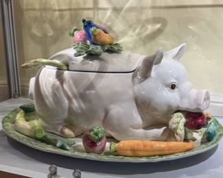 Vintage Fitz & Floyd "Vegetable Garden" pattern tureen and lid with ladle and underplate
