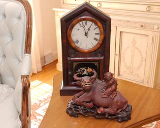 Antique Gilbert Manufacturing American mantel shelf clock, and a 19th Century Chinese hard wood carved Buffalo and Man on original carved wooden stand