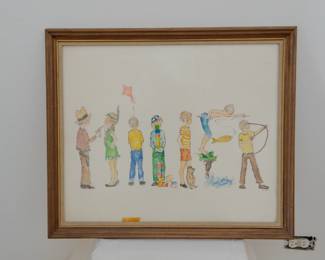 Signed framed watercolor painting of children, signed Joyce Ann '68 (one of four)