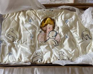 Charming vintage hand painted baby blanket with angel and lambs theme