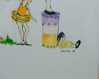 Closeup of signature of signed framed watercolor painting of children, signed Joyce Ann '68 (three of four)
