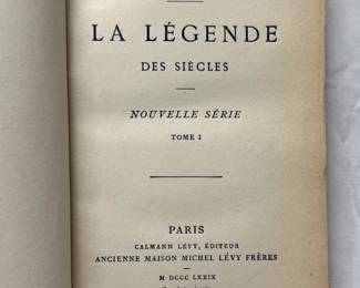 Inside pages of French language versions of Victor Hugo books: La Légende des Siècles Nouvelle Série, volumes I and II, leather hardcovers, 1879, printed in Paris