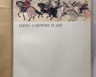 Inside page of Japan: A History In Art by Bradley Smith, hardcover, 1964; #143 of 500 limited first edition signed copies; spectacular black silk brocade covers with gold woven medallions, bevelled edges - gold leaf patterned endpapers, signed by author Bradley Smith