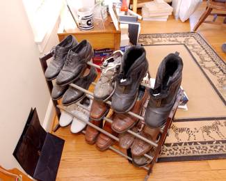 Men's shoes and boots and shoe rack – loafers, golf shoes, wing tips, tennis shoes