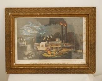 Framed vintage color print of "Wooding Up On The Mississippi" by Currier & Ives