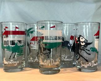 Set of 5 Libbey Glassware Jockey Club Horse Racing glasses - Saratoga, Santa Anita, Churchill Downs, Belmont, Suffolk Downs