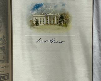 Inside page showing signature and limited edition number in The Democratic Book 1936, in original gilt-lettered brown leather with the original pictorial wraps bound in; 384 pages. Signed by President Franklin Delano Roosevelt beneath a color image of the White House on the limitation leaf, #533 of an unstated limitation of 2500 copies. A voluminous book of information and advertising (many liquor ads) that was used as a fund raiser for the Democratic Party.