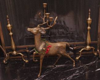 Vintage solid brass stag deer sculpture with candleholders in antlers; vintage brass andirons and fire screen