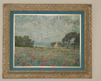 1960's Impressionist oil on canvas painting, framed, landscape scene of poppies in field with water in distance. Appears to be signed "John Morris Cannes 69"