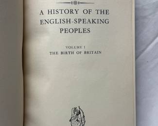 Inside pages of History of the English Speaking Peoples by Winston Churchill, bound in fine leather, four volumes, 1956–1958