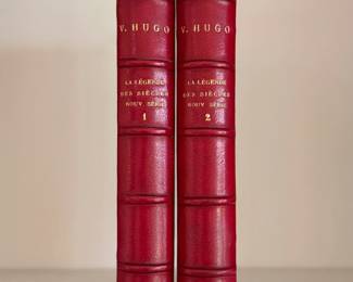 French language versions of Victor Hugo books: La Légende des Siècles Nouvelle Série, volumes I and II, leather hardcovers, 1879, printed in Paris