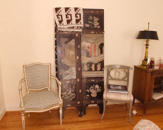 Side chairs, vintage Asian wooden inlaid and painted folding screen, Baker Furniture tambour door cabinet