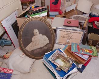 Antique framed photos, books
