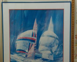 Framed artwork of two sailboats