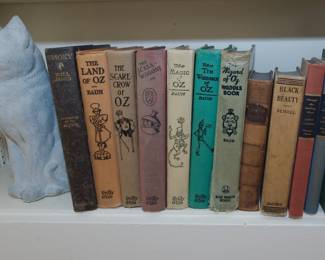 Very collectible books: Smoky by Will James; Wizard of Oz books by L. Frank Baum: The Land of Oz, The Scarecrow of Oz, The Scala-wagons, The Magic of Oz, The Tin Woodman of Oz, The Wizard of Oz Waddle Book; a volume of Lamb's Works; Black Beauty by Anna Sewell; Through the Looking Glass and Alice's Adventures in Wonderland by Lewis Carroll; and Out To Old Aunt Mary's by James Whitcomb Riley