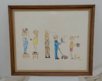 Signed framed watercolor painting of children, signed Joyce Ann '68 (two of four)