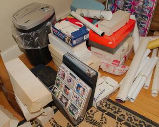 Fellowes Powershred W11C Cross-Cut Paper Shredder; collections of sports trading cards - baseball, NBA basketball, hockey; rolled up sports posters and prints
