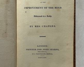 Inside page of Letters on the Improvement of the Mind by Mrs. Chapone, leather hardcover, 1822