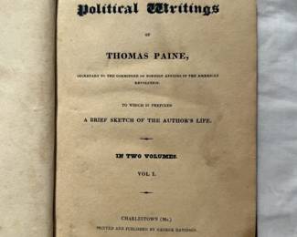 Inside page of The Political Writings of Thomas Paine, 2-volume set, hardcover, leather, 1824, printed/published in Massachusetts