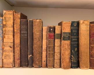 More antique books including Leaven for Dough Faces by Darius Lyman; Heroes and Hero Worship by Thomas Carlyle; volume 1 of Chrysal; Or, The Adventures Of A Guinea by Charles Johnstone; Motherwell's Poetical Works; American Common-Place Book of Prose by George Barrell Cheever; Bracebridge Hall by Washington Irving; Hale's United States by Salma Hale