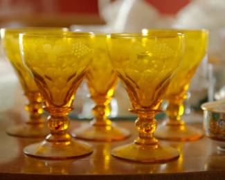 Antique Victorian Moser style Bohemian Amber heavy gauge hand cut crystal and etched glass Wine or Water Drinking Goblets Glasses, third quarter of the Nineteenth Century, possibly earlier