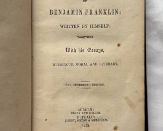 Inside page of The Life of Benjamin Franklin, Written by Himself, Together With his Essays, hardcover, 1853
