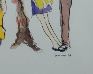 Closeup of signature on signed framed watercolor painting of children, signed Joyce Ann '68 (four of four)