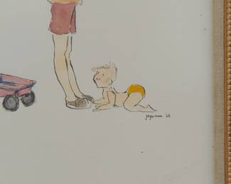 Closeup of signature on signed framed watercolor painting of children, signed Joyce Ann '68 (two of four)