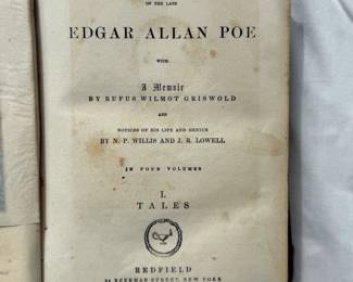 Inside page of Antique 4-volume set of Poe's Works, or The Works of the Late Edgar Alan Poe, published 1859 by Redfield, New York