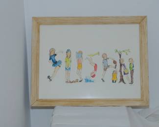 Signed framed watercolor painting of children, signed Joyce Ann '68 (four of four)